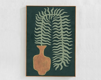 Green Fern in a Vase: original art, downloadable print for Scandinavian modern interiors. Boho eclectic sage green orange Printable Wall Art