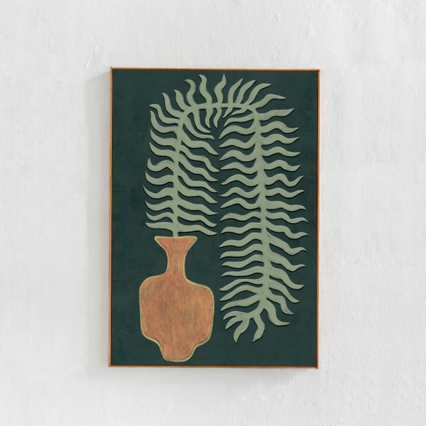 Groene varen in een vaas: originele kunst, downloadbare print voor Scandinavische moderne interieurs. Boho eclectische salie groen oranje afdrukbare muurkunst