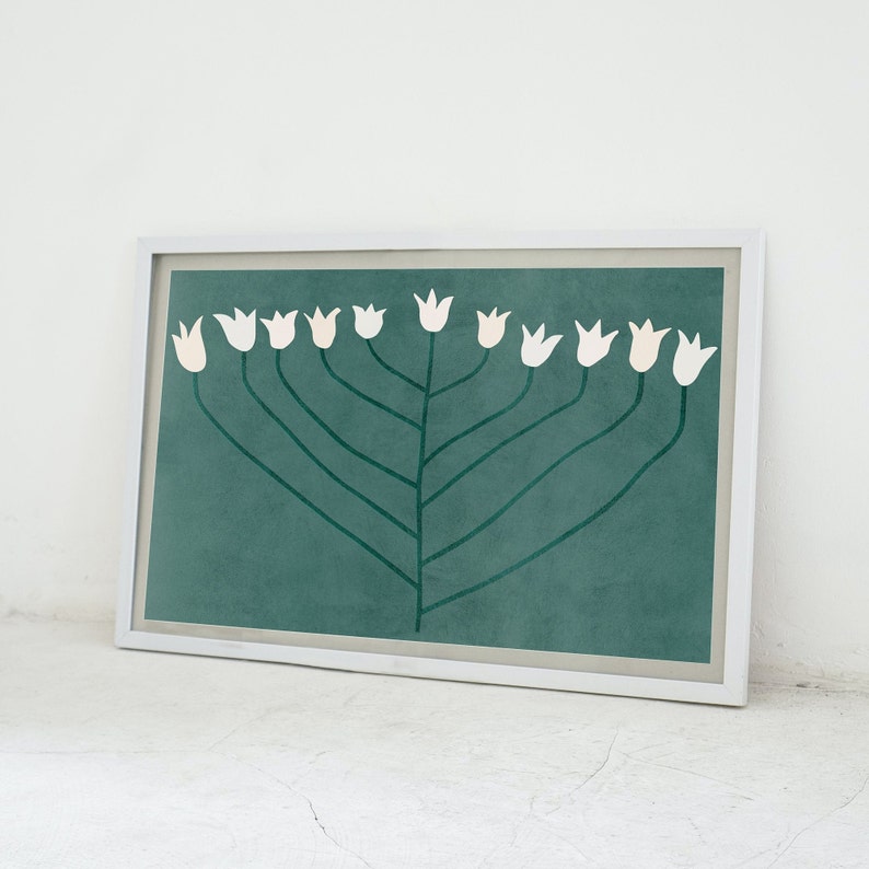 Spring Flower: Scandi Modern Print, Green Floral Printable Wall Art. Horizontal downloadable print, Scandi Boho Decor for Bedroom, DIY Print