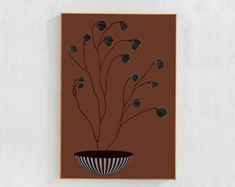 Plant Digital Painting, Brown Downloadable Print- printable art in warm earthy tone. Modern bohemian wall art for living room or dorm