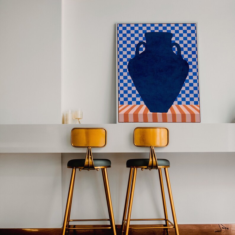 Blue vase on striped table illustration printable art. Blue and orange eclectic contemporary digital downloadable poster with stripes and checkered elements. Affordable interior art for living room, bedroom or dorm decor