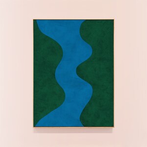 May include: Abstract painting with a blue wavy shape in the center, surrounded by a dark green background.