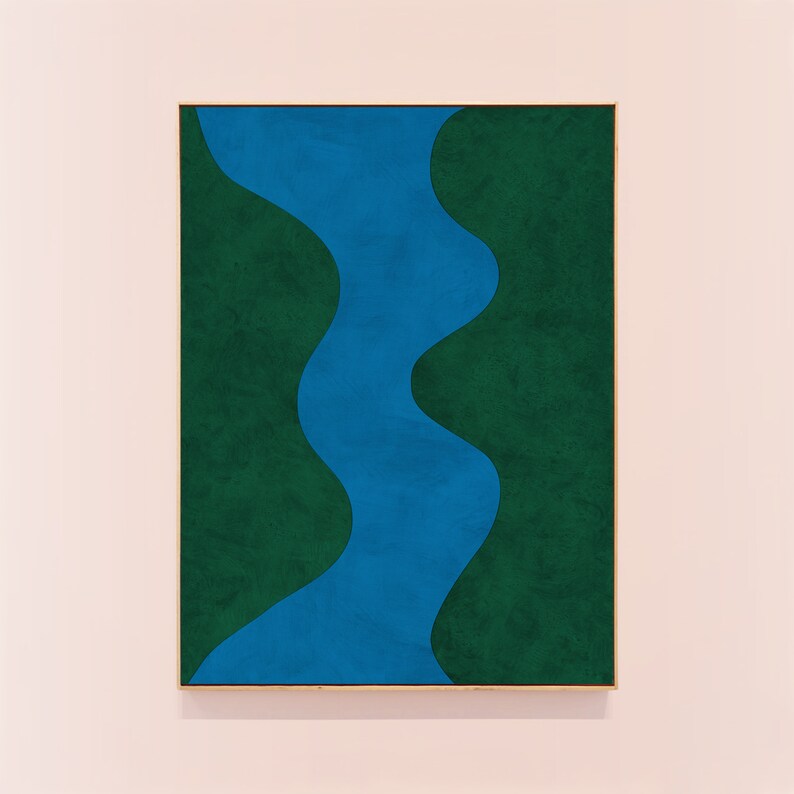May include: Abstract painting with a blue wavy shape in the center, surrounded by a dark green background.