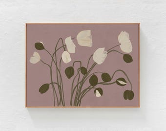 White Poppies Printable Painting. Powdery, blush pink home decor, Floral downloadable wall art print for living room bedroom dorm