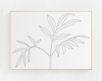 Botanical Wall Art Print, Leaf Printable Art, Black and White Print, Horizontal Art, Downloadable Print, Minimalist Print, Digital Print Art