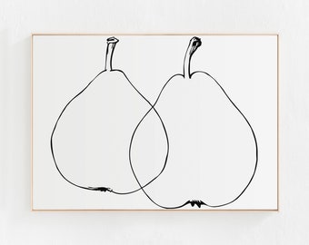 Fruit Art Print, Pears Print, Kitchen Wall Decor, Minimalist Digital Download Printable Art, Black and White Print, Horizontal Print 24x36