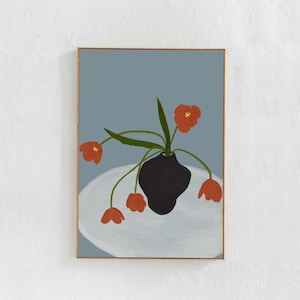 Red Tulips in a vase: Floral wall decor, poster printable art, downloadable art print in muted blue / teal tones. 24x36 A1