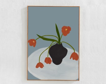 Tulipani rossi in un vaso: decorazione floreale da parete, poster stampabile, stampa artistica scaricabile in toni tenui blu/verde acqua. 24x36 A1
