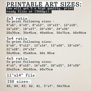 May include: Printable art sizes chart with different ratios and measurements in inches and centimeters. The chart includes 2x3, 3x4, 4x5 ratios and ISO sizes.