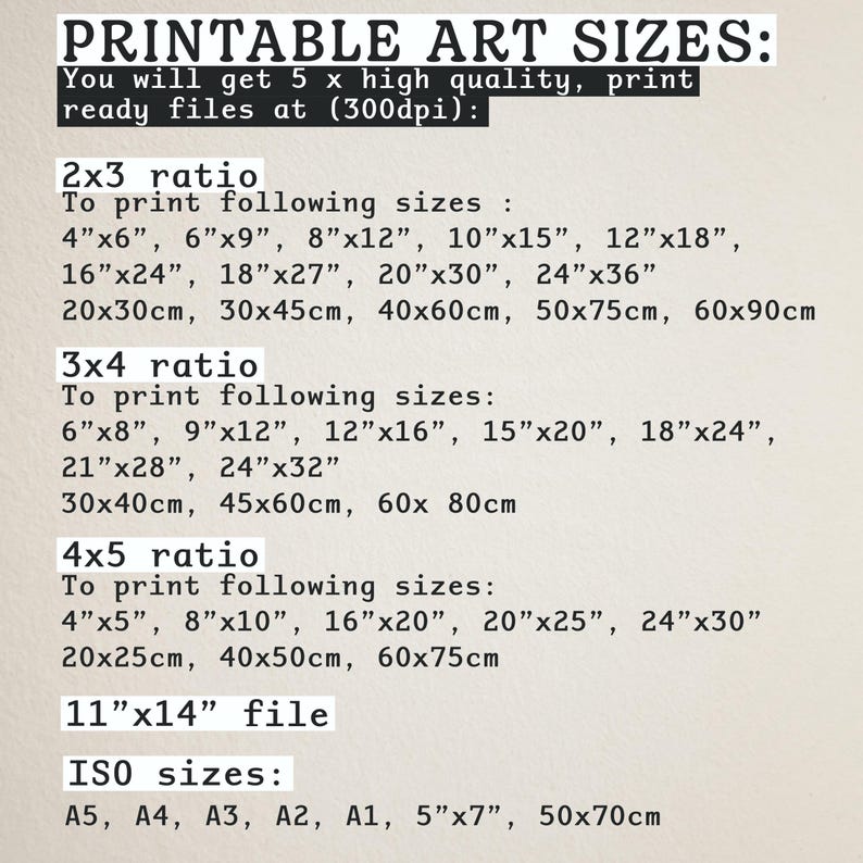 May include: Printable art sizes chart with different ratios and measurements in inches and centimeters. The chart includes 2x3, 3x4, 4x5 ratios and ISO sizes.