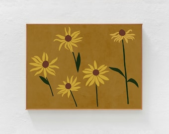 Floral Wall Art, Honey Yellow Decor, horizontal downloadable print for living room, bedroom, playroom dorm. Cottagecore floral printable