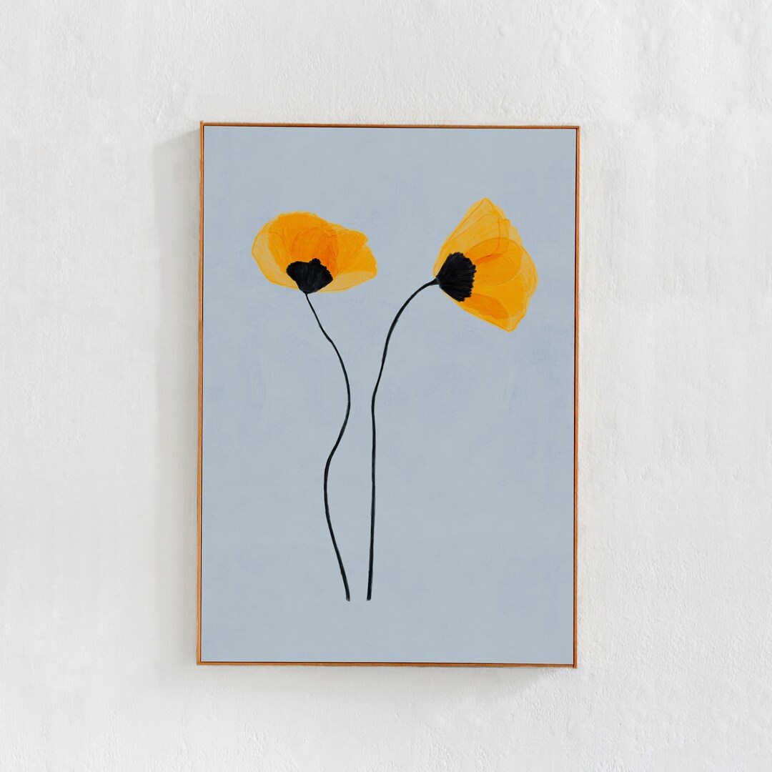 Light Blue, Floral Wall Art Print Download, Yellow Poppies Painting