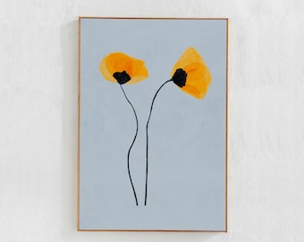 Light Blue, Floral Wall Art Print Download, Yellow Poppies painting: Large Poster Printable Art, Floral home decor for bedroom, living room