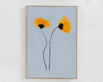 Hellblaue Mohnblumen, Wandbild, Gelbe Mohnblumen, Poster druckbare Kunst, florales Dekor für Schlafzimmer, Wohnzimmer