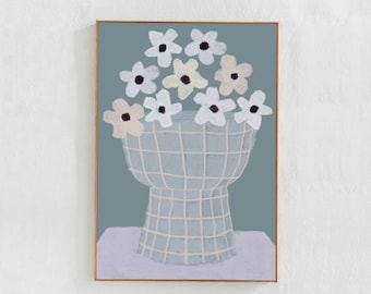 Flowers in a Vase poster: Floral downloadable art print. Scandi boho decor for bedroom, Lilac and blue neutral, Danish Pastel printable art