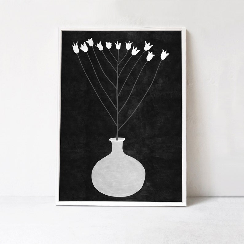 May include: A black and white illustration of a vase with white flowers. The vase is round and has a short neck. The flowers are simple and stylized.