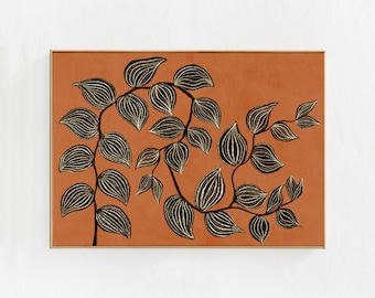 House plant painting: Orange printable wall art, boho home decor, horizontal downloadable art print for living room, bedroom, dorm 36x24 a1