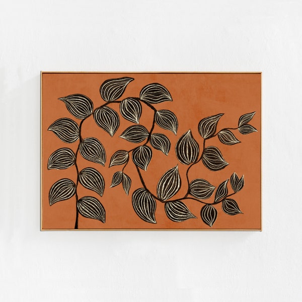 House plant painting: Orange printable wall art, boho home decor, horizontal downloadable art print for living room, bedroom, dorm 36x24 a1