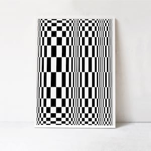 May include: Black and white checkered pattern with a distorted, optical illusion effect. The pattern creates a sense of depth and movement.