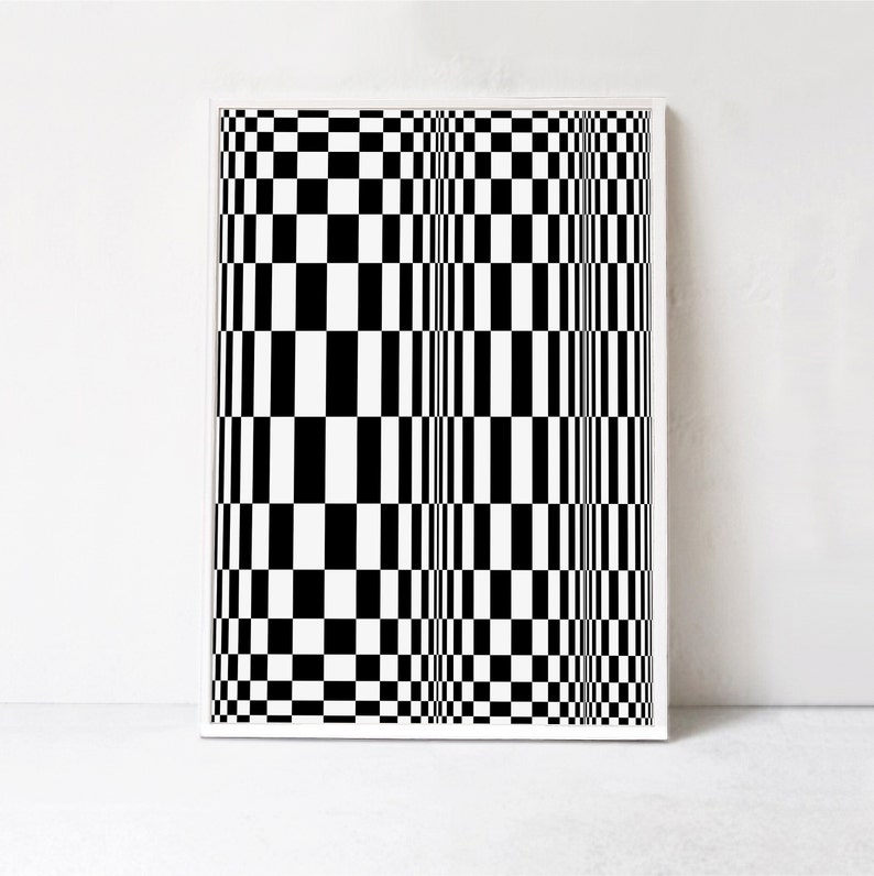 May include: Black and white checkered pattern with a distorted, optical illusion effect. The pattern creates a sense of depth and movement.