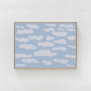 May include: A framed painting of a blue sky with white clouds. The clouds are painted in a simple, abstract style.