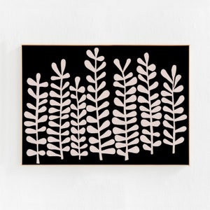 Puede incluir: Una impresi&oacute;n de arte abstracto en blanco y negro con un dise&ntilde;o estilizado de hojas rosas sobre un fondo negro.