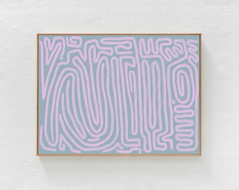 Danish pastel wall decor, abstract squiggle lines, downloadable art print. Scandi boho eclectic lilac and blue pastel printable art 24x36 A1