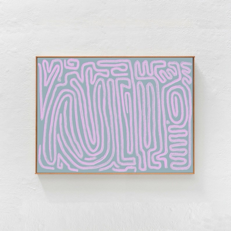 Danish pastel wall decor, abstract squiggle lines, downloadable art print. Scandi boho eclectic lilac and blue pastel printable art for DIY home decor, budget friendly apartment styling, property staging.
