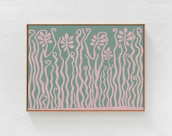 Sage Green and Pink Horizontal Digital Downloadable Print Wall Art. Modern Bohemian Decor, Jungle Illustration, Eclectic Printable Art A1