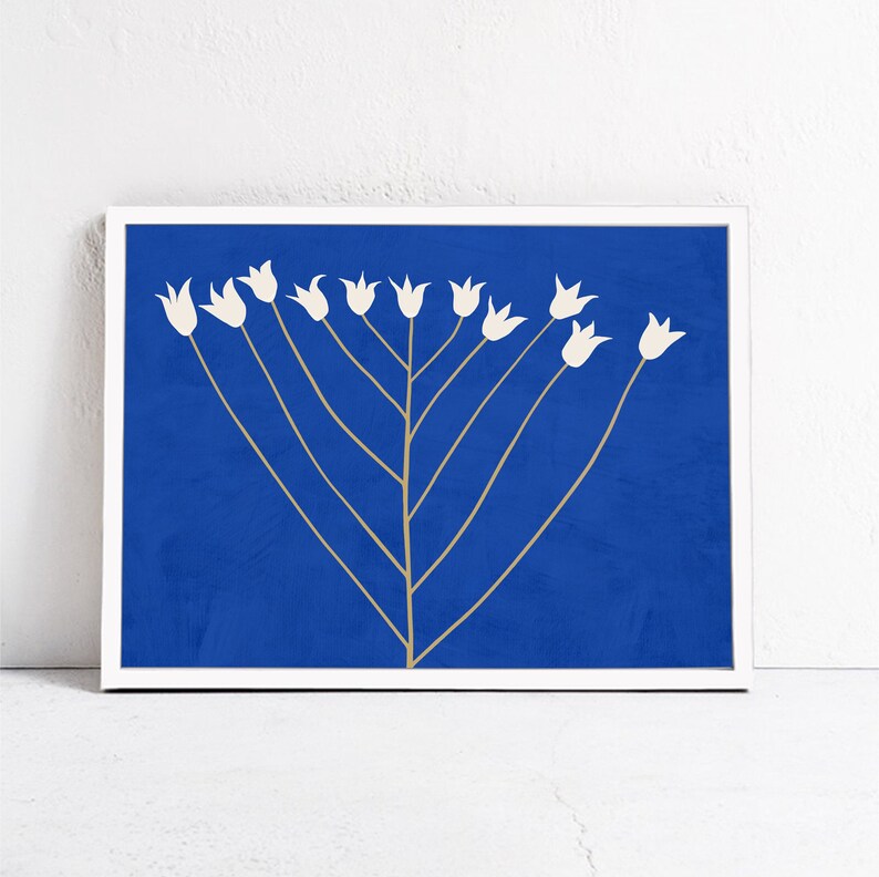 May include: A white silhouette of a stylized flower with multiple stems against a solid blue background. The flower is reminiscent of a menorah.