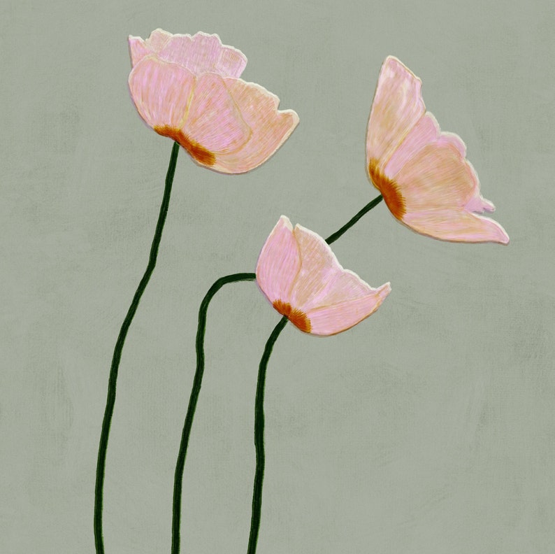 Poppies Printable painting: Sage green pink home cottagecore decor, Floral downloadable wall art print for living room bedroom dorm 24x36 image 6