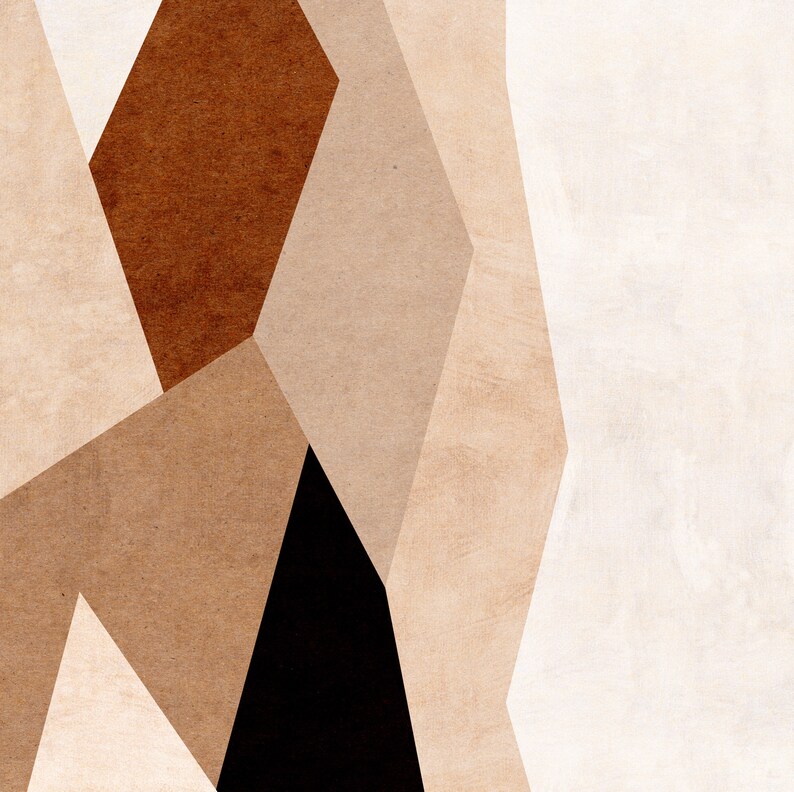 May include: Abstract geometric art print with a brown, beige, and black color scheme. The print features a variety of shapes and angles, creating a modern and minimalist design.