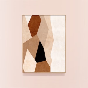 May include: Abstract geometric art print with brown, beige, and black shapes on a white background.
