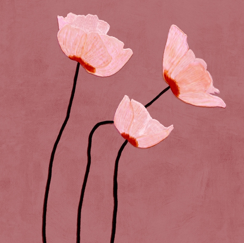 May include: An artistic illustration of three light pink flowers with dark stems against a muted red-brown background. The flowers have a delicate, textured appearance with red centers, creating a soft, natural aesthetic.