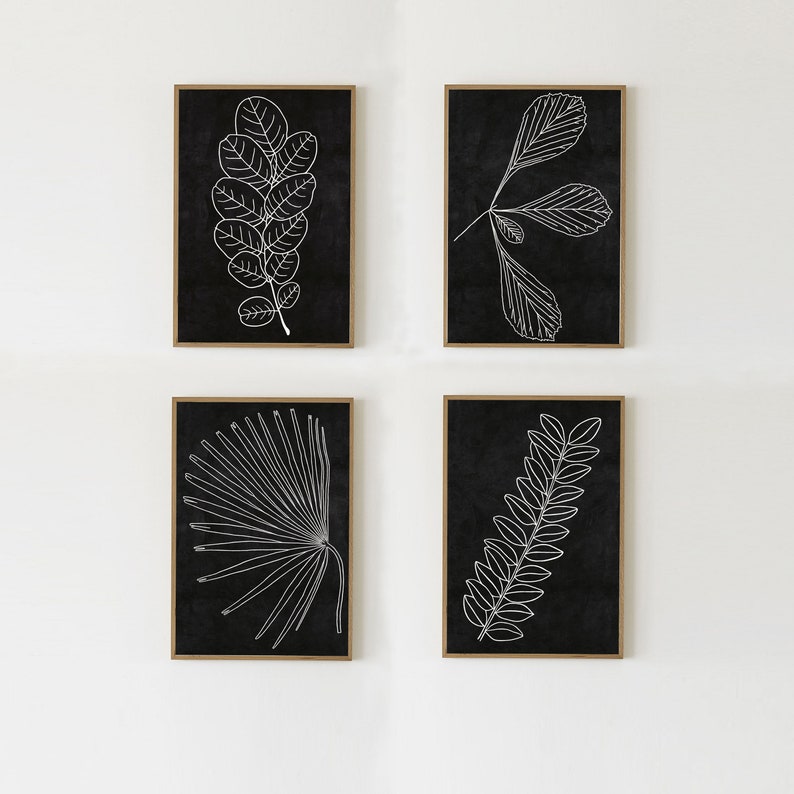 Botanical Print Set of 4 DIGITAL DOWNLOADABLE Prints: Botanical Posters, Printable Art Print Set of 4, Black And White Prints Black Wall Art image 1