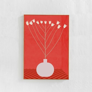Arte de una flor en un jarrón: impresión descargable para interiores modernos escandinavos. Decoración de pared boho / ecléctica, cartel de arte de pared roja, impresión de arte imprimible