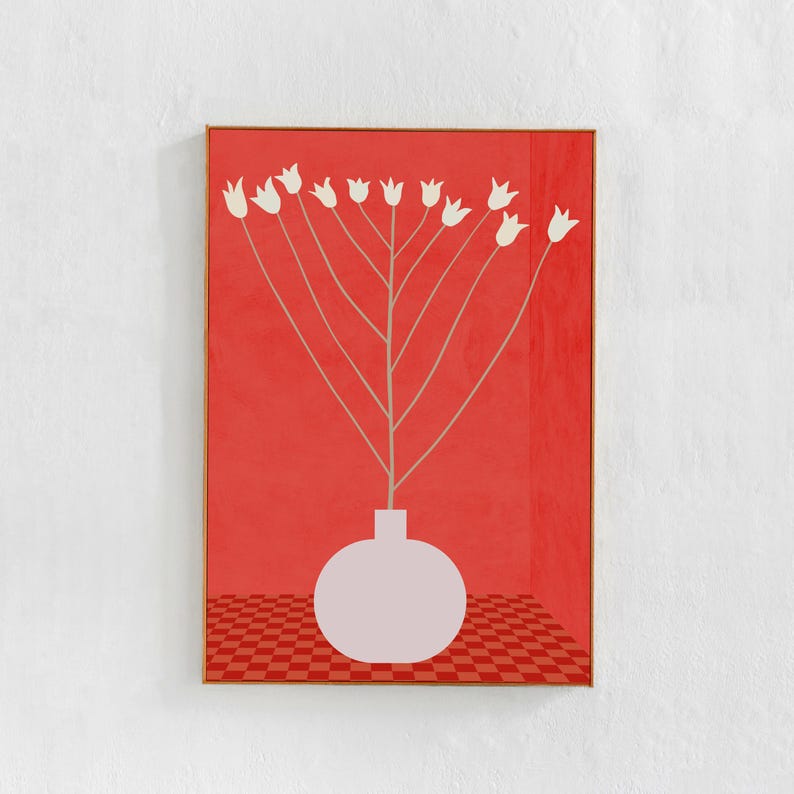 Flower in a Vase art : downloadable print for Scandi modern interiors. Boho / eclectic wall decor, red wall art poster, Printable art print