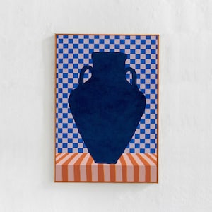 Decoración escandinava moderna a cuadros: impresión artística descargable digital, póster imprimible con pintura de jarrón ecléctico y contemporáneo, arte azul y naranja