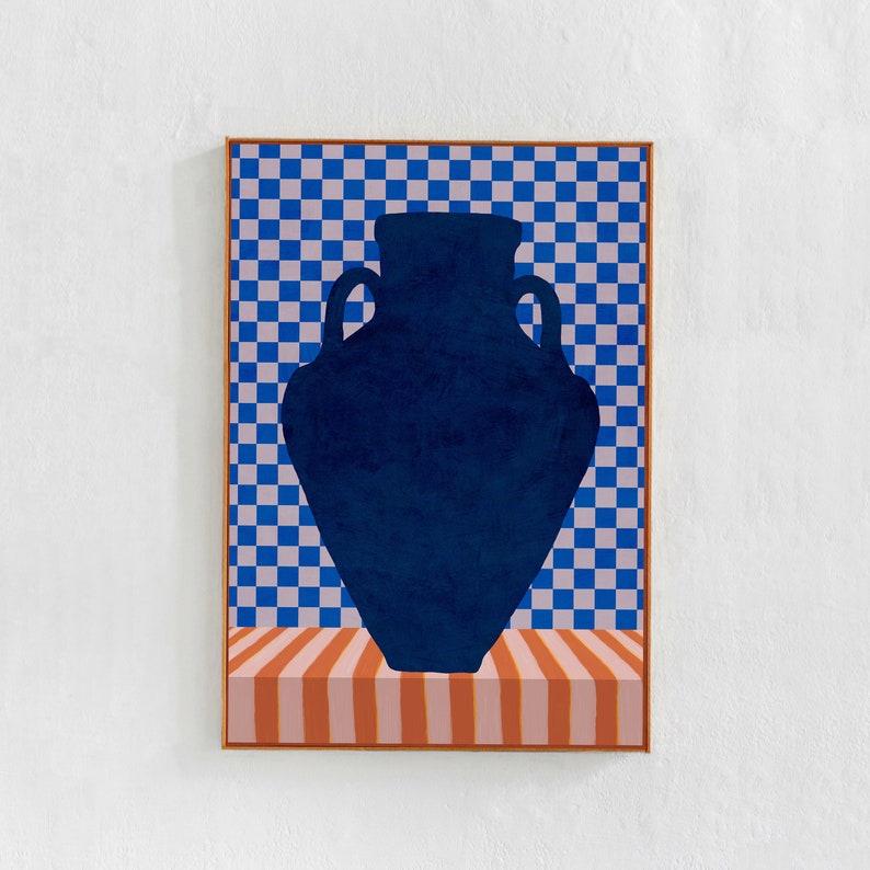 Blue vase on striped table illustration printable art. Blue and orange eclectic contemporary digital downloadable poster with stripes and checkered elements. Affordable interior art for living room, bedroom or dorm decor
