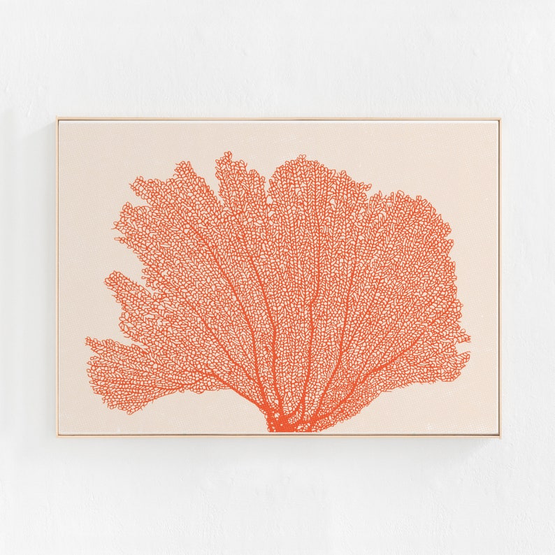 Red Orange Decor, SeaFan Coral Print DOWNLOADABLE ART Print, Coastal Wall Art, Horizontal Printable Art Botanical Illustration Digital Print image 1