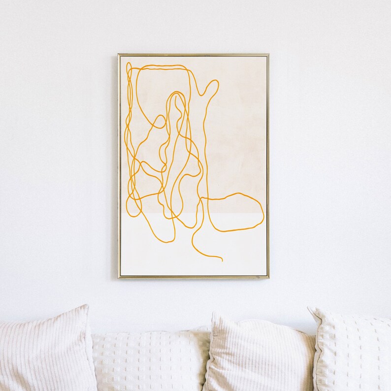 minimalist, contemporary line art drawing.Abstract, white , yellow and beige art print for budget friendly decor, interior styling, large format poster printable art
