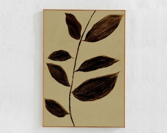 Beige and brown printable wall art: botanical digital downloadable art print poster. Abstract plant painting, earth tones neutral home decor