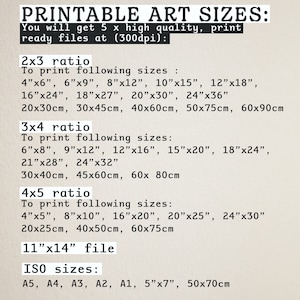 May include: Printable art sizes chart with different ratios and measurements in inches and centimeters. The chart includes 2x3, 3x4, 4x5 ratios and ISO sizes.