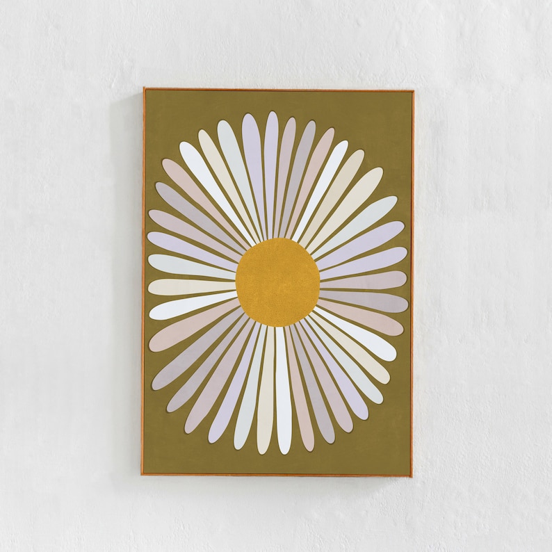 daisy: large floral poster: pastel shaded petals and yellow centre. olive green/ charterose background. digital download wall art