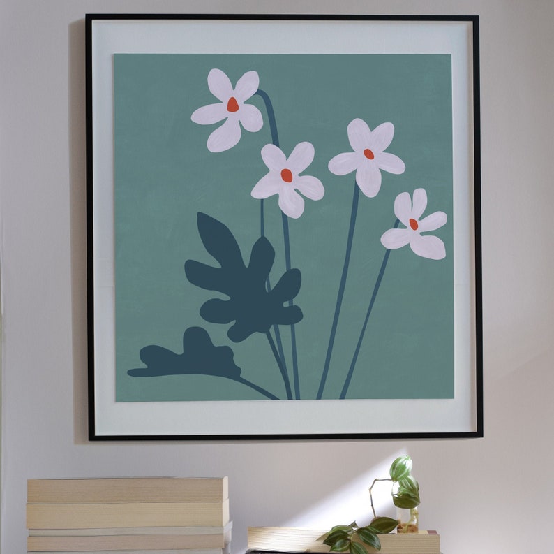 Floral wall art: digital downloadable print. Boho home decor Floral Printable Art, Teal / Grey green Pink wall decor print, Square art image 5