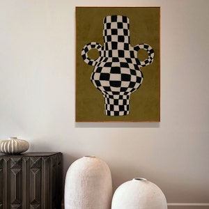 Pode incluir: Uma pintura de um vaso xadrez preto e branco sobre um fundo verde.