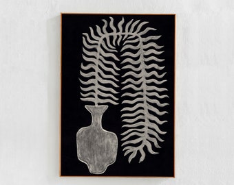 Fern in a Vase poster: Black and white downloadable art print. Scandi boho decor for bedroom, living room, kitchen, eclectic printable art