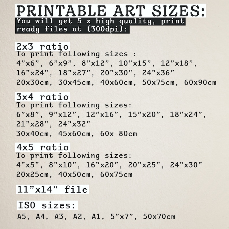 May include: Printable art sizes chart with different ratios and measurements in inches and centimeters. The chart includes 2x3, 3x4, 4x5 ratios and ISO sizes.