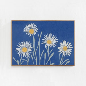 Daisies: Blue wall decor, horizontal downloadable art print for living room, bedroom, playroom dorm. Cottagecore floral printable art  24x36