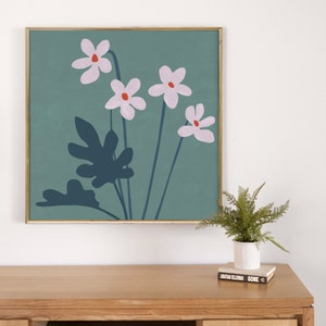 floral printable art: spring flowers on light teal background. square ratio, large format digital downloadable artwork for budget friendly decor, apartment refreshment or incorporating teal color accent to your gallery wall